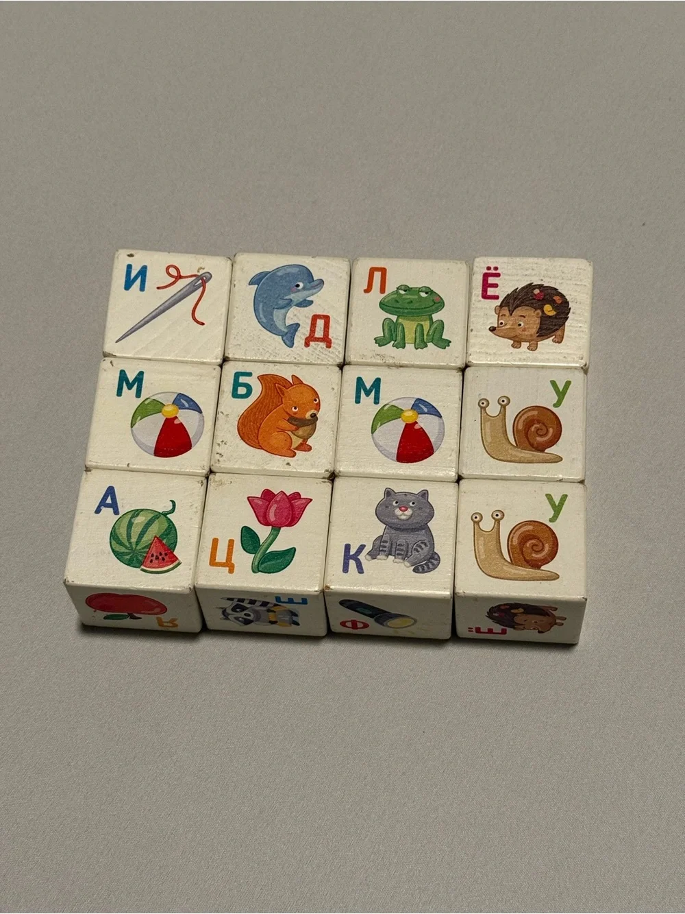 Wooden Russian Alphabet Blocks with Animal & Object Illustrations, 12 count